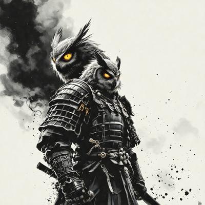 The primary subject of the image is a man dressed in a black suit, wearing a sword and holding a shield. He is standing in front of a dark background, which adds to the dramatic atmosphere of the scene. The visual style of the image is a combination of digital art and illustration, creating a detailed and intricate representation of the man and his surroundings. The colors in the image are predominantly black and grey, giving the scene a moody and intense feel.